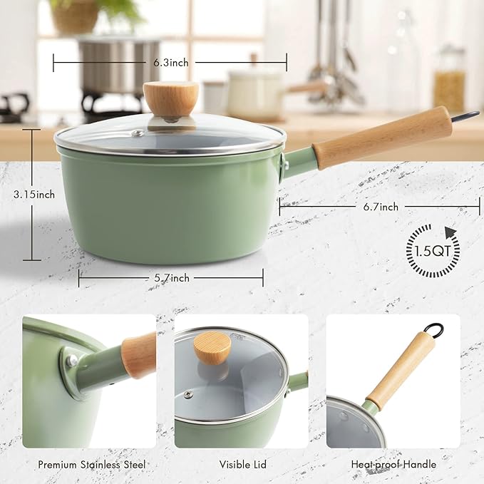 ROCKURWOK Ceramic Nonstick Sauce Pan with Lid, 1.5 Qt Small Pots for Cooking, Small Pot Wooden Handle for Cool Touch, Non Toxic & Pfas-Free Saucepan, Universal Base(Gas, Electric & Induction), Green - Image 6