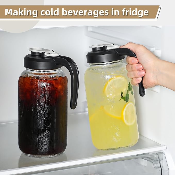 Set of 2, Glass Pitcher with Lid - 2 Quart Mason Jar Pitcher with Filter Lid, Wide Mouth Jar Leak-proof Water Jug, Heavy Duty Container for Water, Juice, Milk, Tea, Iced Coffee, and Drinks - Image 6