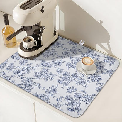 Blue Floral Dish Drying Mat for Kitchen Counter Chinoiserie Flower Microfiber Dish Drainer Mat Vintage Rustic Elegant Absorbent Washable Drying Pad Extra Large 16"x18"
