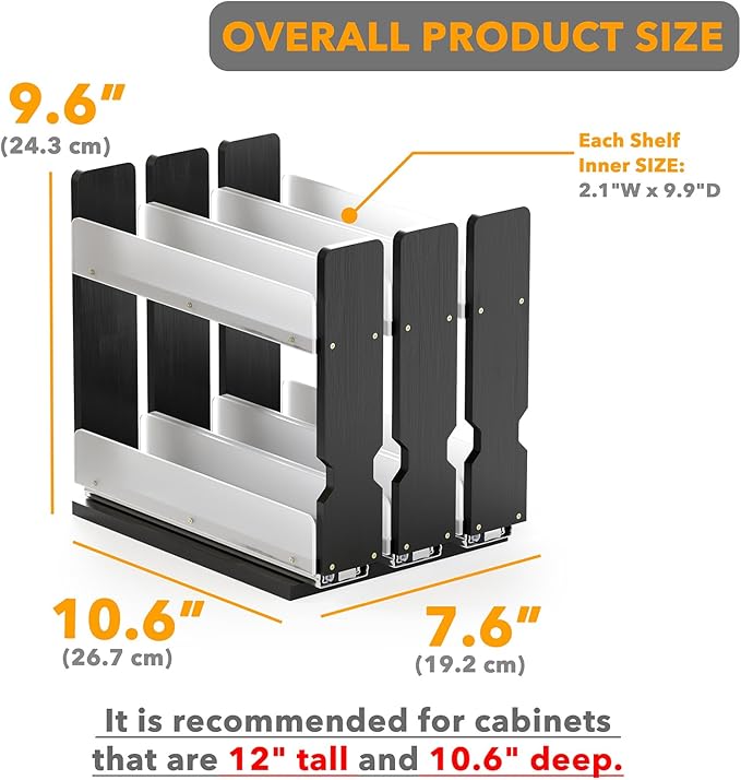SpaceAid Bamboo Pull Out Spice Rack Organizer for Cabinet, Heavy Duty Slide Out Seasoning Kitchen Pantry Sliding Vertical Organization, 7.6" Wide, 3 Drawers(2" Wide), 2-Tier, Black - Image 3