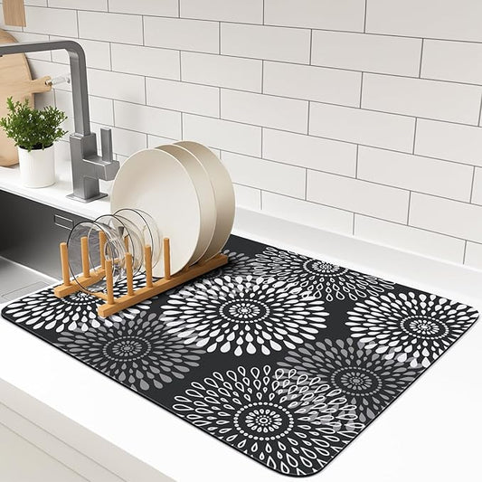 LuxStep Dish Drying Mat Super Absorbent Kitchen Counter Mat Rubber Backing Draining Mat Easy to Clean Kitchen Accessories Dish Rack Pad for Dishes, Utensils, Countertops, Sinks 15" x 18" Black by LuxStep