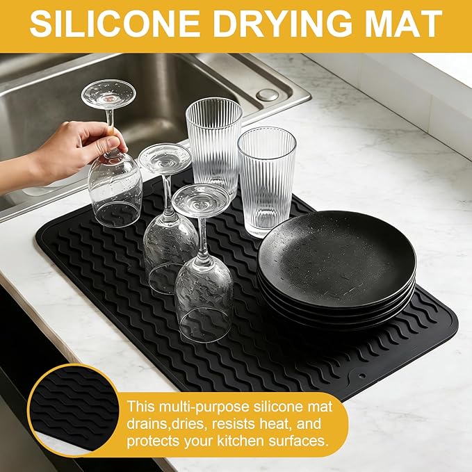 Silicone Dish Drying Mat for Kitchen Counter Eco-Friendly Fast Dry Dish Mat Easy Clean Multi Usage Drying Matt Heat Resistant Trivet Fits Under Rack, Black 12" x 16"
