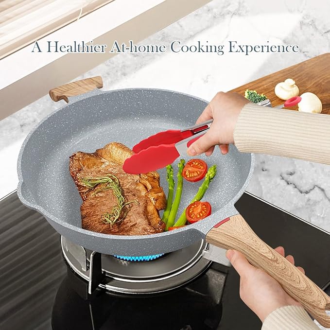 AIKENBBKK Ceramic Frying Pan with Lid, 14 Inch Saute Pan, Non Stick Frying Pans, 2-In-1 Large Cooking Pan, Nonstick Skillet, Compatible with All Stoves, PTFE & PFOA Free, Blue - Image 4