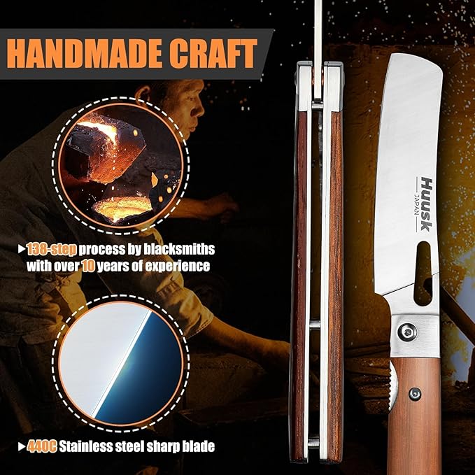 Huusk Japanese Folding Nakiri Knife - Pocket Chef Knives with 440C Stainless Steel Ultra Sharp Blade, Portable Kitchen Knife for BBQ Trip Outdoor, Christmas Gift for Men and Women