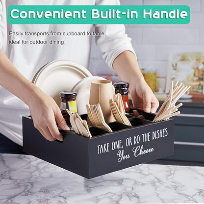 ALELION Paper Plate Dispenser for Countertop - Wooden Utensil Holder Organizer for Party - Silverware Caddy for Plate, Cup, Fork, Spoon - Cutlery Holder with Handles for Kitchen Camping Buffet - Image 2