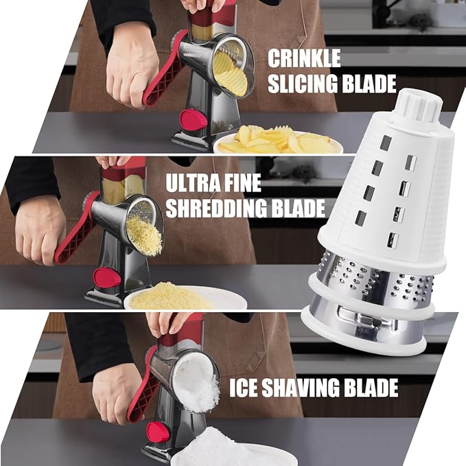 KEOUKE Rotary Cheese Grater Pro 6 in 1 - Shredder Crinkle Slicer Grinder Ice Shaver, Stable Suction, Time-saving Easy Use & Clean, Safe Morden Kitchen Tool for Cheese, Vegetable, Nuts, Chocolate - Image 2