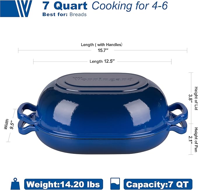 VORRINGARD Enameled Cast Iron Sourdough Bread Oven, Dutch Oven, Loaf Cast Iron Bread Pan for Homemade Bread Baking, Meatloaf Pan with Lid, 7QT, Blue - Image 2