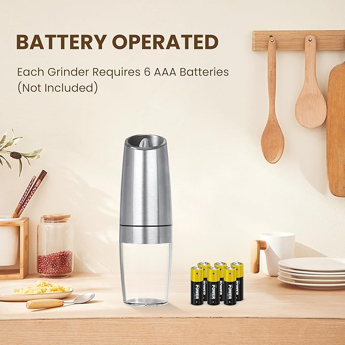 Gravity Electric Salt And Pepper Grinder Set, Automatic Salt And Pepper Grinder Set, Battery Powered (6 AAA Batteries Each), Adjustable Roughness, LED Light, 2 Pack, (Silver) - Image 2