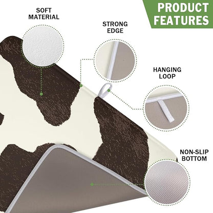 Milk Cow Drying Mat 18x16 Inch, Brown White Cowhide Drying Mat with Absorbent Reversible Microfiber, Cattle Fur Farmhouse Dish Drainer Mats Summer Rack Pad for Coffee Countertop Kitchen Protector