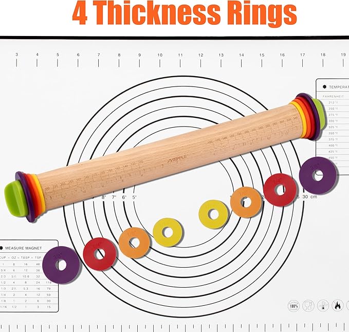 Rolling Pin with Thickness Rings for Baking,Fondant, Pizza, Pie Crust, Cookie, Pastry, Roller Rod for Dough Thickness, 13.6" Adjustable Wooden Rolling Pin with 4 Thickness Rings - Image 9