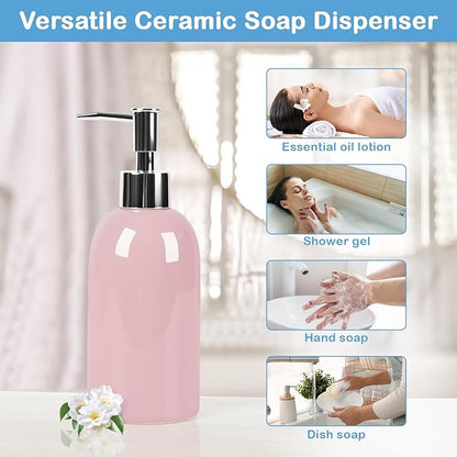 Natheeph 14OZ Ceramic Soap Dispenser Ceramic Soap Pump Dispenser Can Fill Liquid for Bathroom/Kitchen (Pink) - Image 6