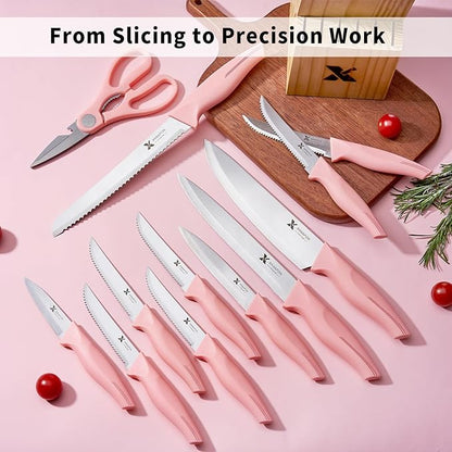 XANAPON 14-Piece Kitchen Knife Set with Block, High Carbon Stainless Steel Sharp Chef Knives with Built-in Sharpener, Ergonomic Handles, Professional Cutlery for Home Cooking & Gifts, Pink - Image 4