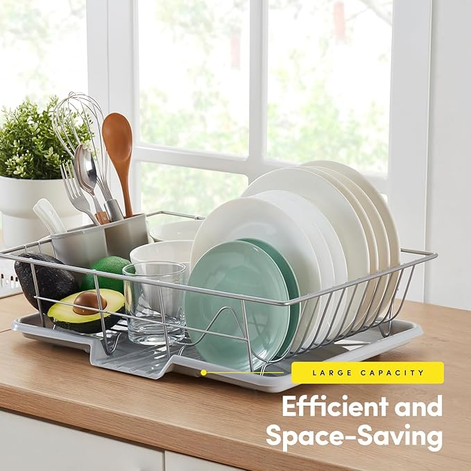 Space-Saving 3-Piece Dish Drainer Rack Set with Cutlery Holder - Maximize Kitchen Countertop Space, Silver - Image 3