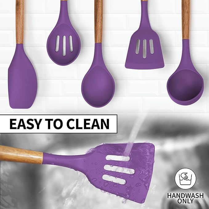 Zulay Kitchen Non-Stick Cooking Utensils Set with Authentic Acacia Wood Handles – 5-Piece Durable & Stylish Silicone Kitchen Utensils Set – Heat Resistant to 464°F – Purple - Image 7