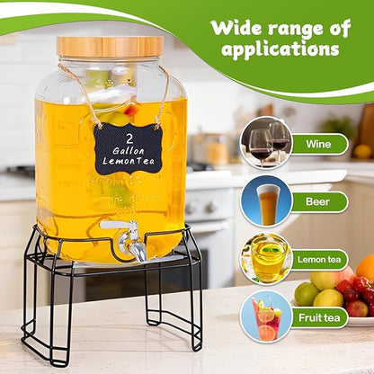 2 Gallon Glass Drink Dispenser with Stand,Stainless Steel Leakproof Spigot &Bamboo Lid& Labels& Fruit Infuse, Large Beverage Dispenser for Parties, Lemonade, Sun Tea, Picnic & Outdoor Use ﻿