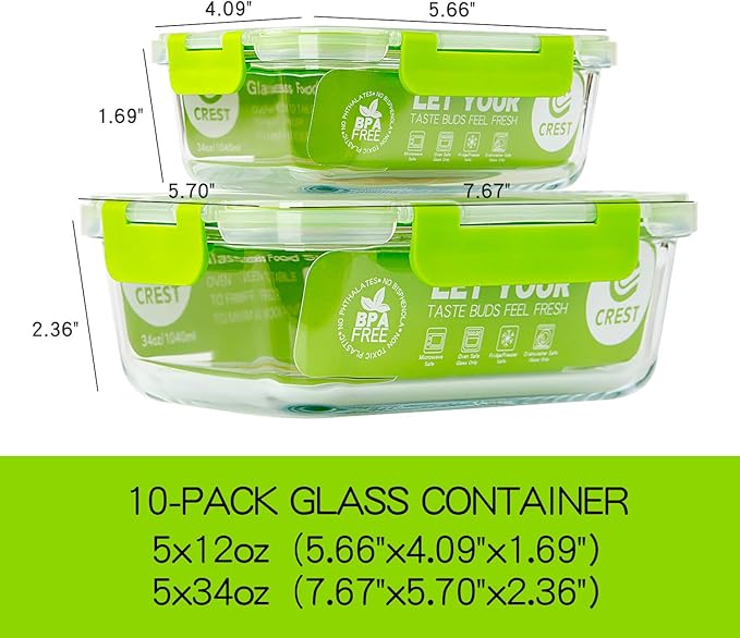 C CREST Glass Containers for Food Storage with Lids, [10-Pack] Meal Prep Containers for Kitchen, Home Use, BPA Free - Image 2