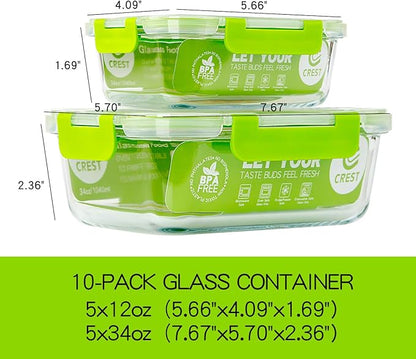 C CREST Glass Containers for Food Storage with Lids, [10-Pack] Meal Prep Containers for Kitchen, Home Use, BPA Free - Image 2