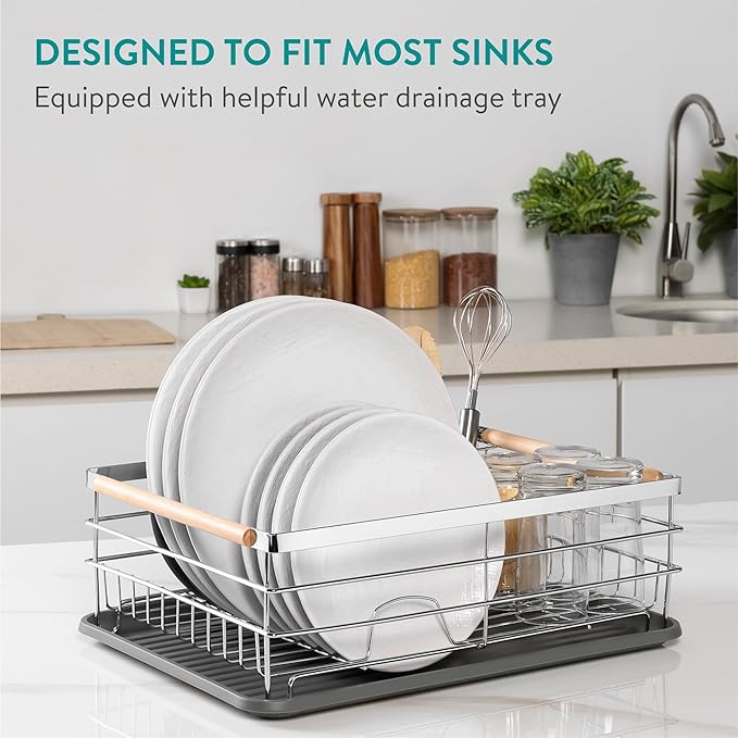 Navaris Dish Rack - Compact Drying Kitchen Board with Drip Tray & Cutlery Holder - Easy to Assemble and Clean Dishes - Sink Drainer Rack - Silver with Wooden Handles - Image 4
