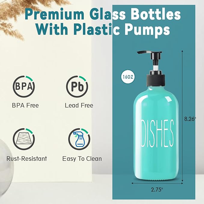COHOSEGE Glass Soap Dispenser Set 2 Pack,16 Oz Dish Soap Dispenser for Kitchen Sink,Teal Kitchen Accessories and Kitchen Decor,Turquoise Decorations and Kitchen Utensils for Kitchen - Image 3