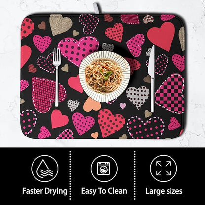 Happy Valentine's Day Kitchen Drying Mats for Dishes 18x24 Inch Love Heart Dish Drying Mat Black Pink Polka Dots Dish Drainer Mat Super Absorbent Dish Rack Pad for Coffee Bar Sinks - Image 4