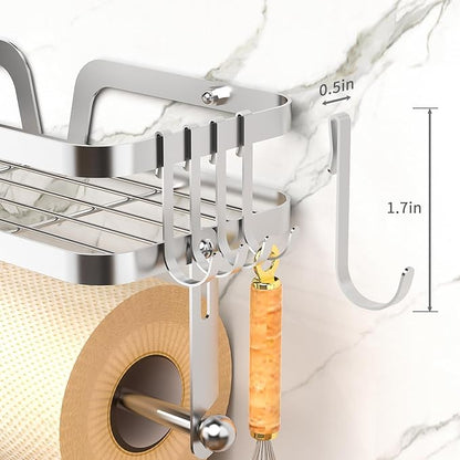 Taozun Paper Towel Holder Wall Mount, Kitchen Paper Holder Spice Rack Paper Towel Roll Holder Bathroom Hand Towel Holder with 4 Hooks (2 Installation Methods - Self-Adhesive and Drilling) Silver