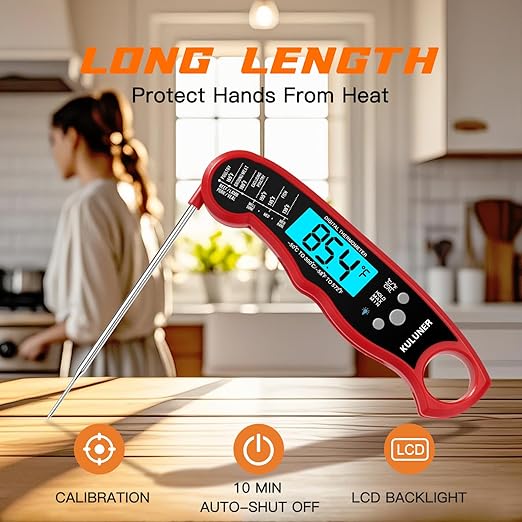 KULUNER TP-01 Waterproof Digital Instant Read Meat Thermometer with 4.6 Folding Probe Backlight Calibration Function for Cooking Food Candy, BBQ Grill, Liquids,Beef（Red） - Image 5