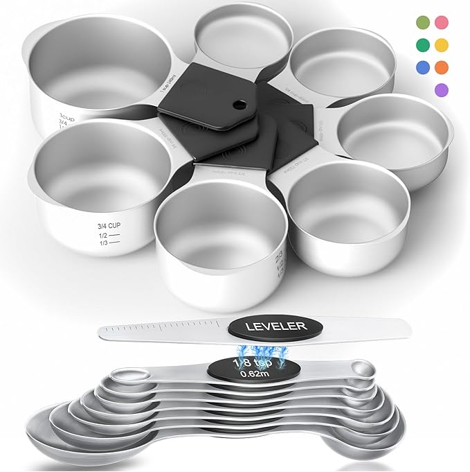 Magnetic Measuring Cups & Spoons Set|304 Stainless Steel Dual Scale Set of 15, Strong N52 Magnetic Nesting Design with Leveler, for Dry&Liquid Ingredients, Dishwasher Safe(Black) by HOWGOODY