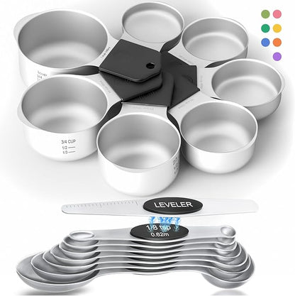 Magnetic Measuring Cups & Spoons Set|304 Stainless Steel Dual Scale Set of 15, Strong N52 Magnetic Nesting Design with Leveler, for Dry&Liquid Ingredients, Dishwasher Safe(Black) by HOWGOODY