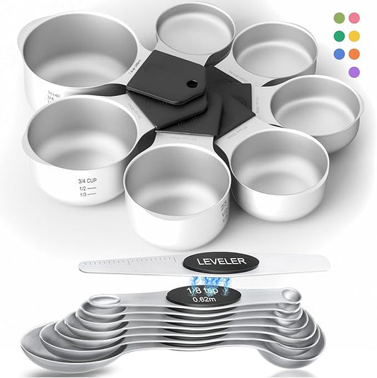 Magnetic Measuring Cups & Spoons Set|304 Stainless Steel Dual Scale Set of 15, Strong N52 Magnetic Nesting Design with Leveler, for Dry&Liquid Ingredients, Dishwasher Safe(Black) by HOWGOODY