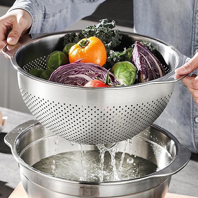 3 Pcs Stainless Steel Colander Strainer Set Metal Colander for Kitchen Pasta Strainer for Rice Food Fruits Spaghetti Vegetables (2QT, 3QT, 5QT) - Image 6