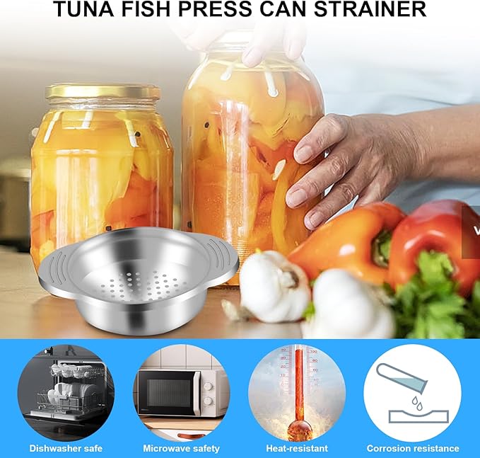 2 Pcs Metal Tuna Can Strainer - Stainless Steel Food-Grade Press Colander for Canned Fish, Beans, Vegetables (2)