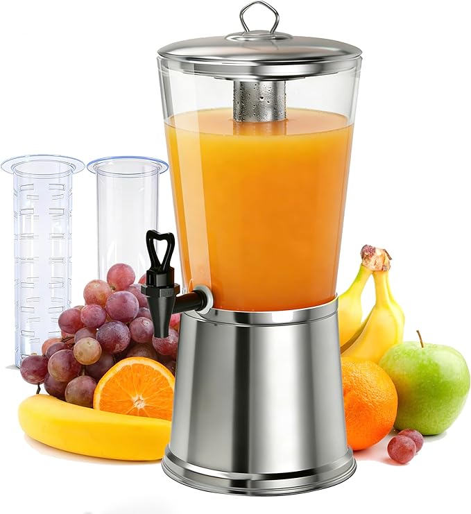 Beverage Dispenser with Stand, 2.5 Gallon Drink Dispenser for Parties,Events,Buffet &Self-Serve,Dual Ice Tube Core Fruit Infuser,Leakproof Spigot,Clear PC Container, Stainless Steel Lid&Base by Unknown