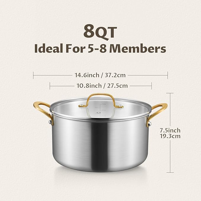 BEZIA 8 Quart 3-Ply Stainless Steel Stockpot, Soup Pot with Lid in Fully Clad Tri-Ply Stainless Steel, Even Heat Distribution, Cooking Pot with Handles, All Cooktops Compatible, Perfect for Stew - Image 2