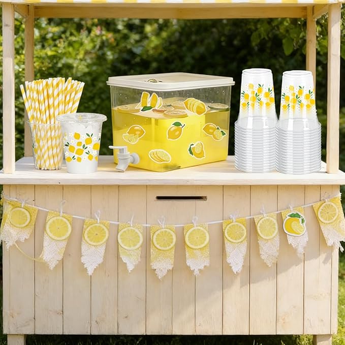 JarThenaAMCS Lemonade Stand Supplies 8.8L Plastic Drink Dispenser with Spigot 50 Sets 12 Oz Disposable Cups with Lids Straws for Water Tea Beverages Juice