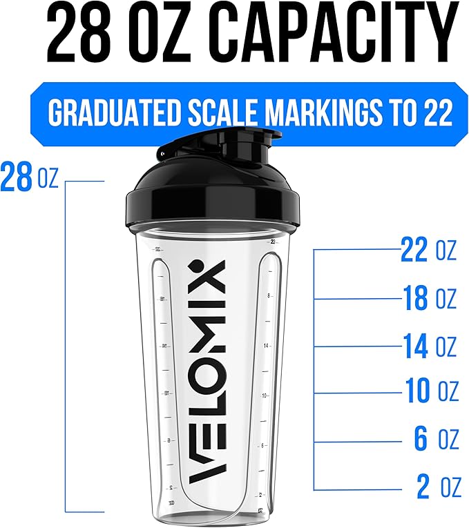 VELOMIX -2 Pack- 28 oz Protein Shaker Bottles for Protein Mixes - 2x Wire Whisk | Leak Proof Shaker Cups for Protein Shakes and Pre Workout | Protein Shaker Bottle Pack (D6) Transparent