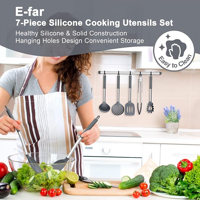 E-far Silicone Cooking Utensils Set, 7 Pcs Heat Resistant Kitchen Utensils with Stainless Steel Handle, Slotted Turner, Spoon, Soup Ladle, Pasta Server, Skimmer, Tongs for Nonstick Cookware, Gray - Image 7