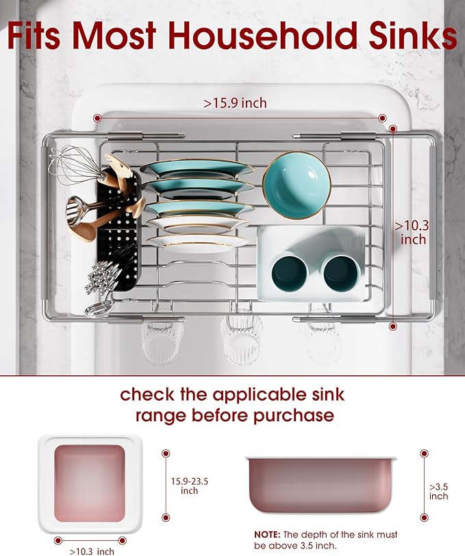 Sakugi Dish Drying Rack in Sink - Expandable Stainless Steel Dish Rack Over the Sink, Kitchen Sink Drain Strainer with Cutlery Holder & Cup Holders, 15.4 x 9.8 x 3.0 Inch, Grey - Image 2