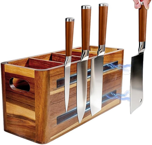 Wooden Kitchen Utensil Holder Organizer for Counter or Countertop, Large Wooden Utensil Holder 4 Compartment, Acacia Wood Container Extra Large.with Strong Magnets Multifunctional Storage Knife Holder by Brightdeer
