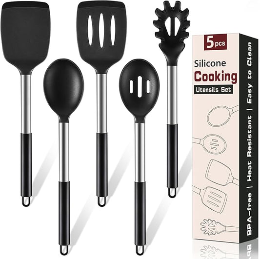 5Pcs Silicone Cooking Utensils Set, Heat Resistant Kitchen Tools Include Solid&Slotted Spatula, Cooking Spoon and Pasta Server, Silicone Kitchen Utensils set for Nonstick Cookware Flipping, Black by Unknown