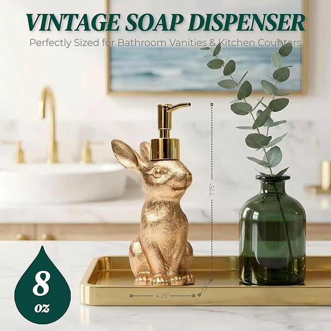 Gold Bunny Soap Dispenser – Vintage Rabbit Hand & Dish Soap Dispenser for Kitchen Sink & Bathroom Vanity – Rust Proof Pump Lotion Bottle – Resin Animal Statues Home Decor & Easter Decorations, 8oz