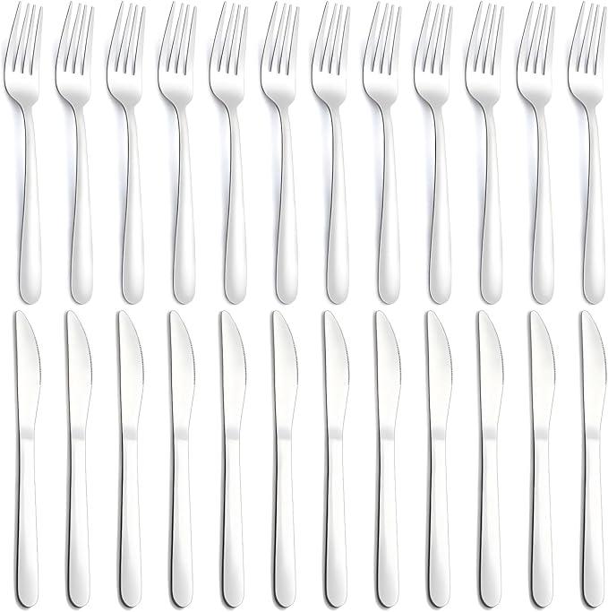24-Piece Forks and Knives Set for 12, Food-Grade Stainless Steel Silverware Set with 12 Dinner Knives & 12 Forks, Mirror Polished Fork Silverware, Butter Knife and Metal Fork, Dishwasher Safe