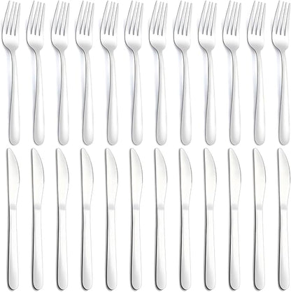24-Piece Forks and Knives Set for 12, Food-Grade Stainless Steel Silverware Set with 12 Dinner Knives & 12 Forks, Mirror Polished Fork Silverware, Butter Knife and Metal Fork, Dishwasher Safe