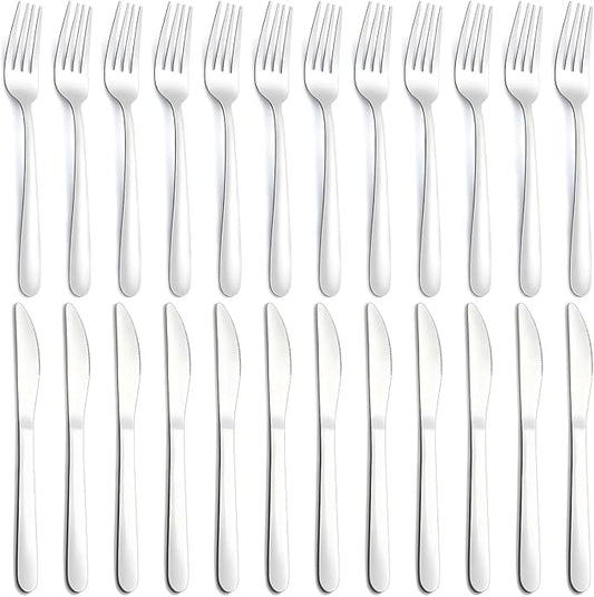 24-Piece Forks and Knives Set for 12, Food-Grade Stainless Steel Silverware Set with 12 Dinner Knives & 12 Forks, Mirror Polished Fork Silverware, Butter Knife and Metal Fork, Dishwasher Safe
