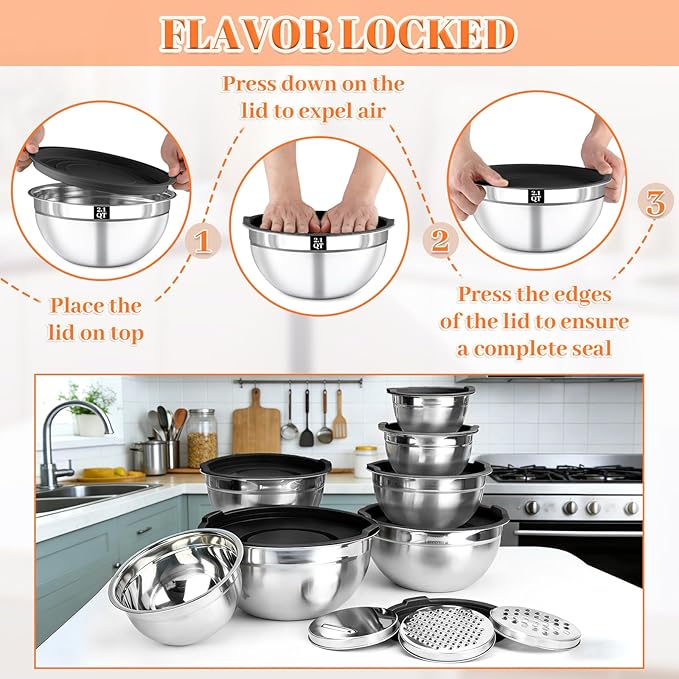 21PCS Mixing Bowls with Lids Set - 7 Nesting Mixing Bowls, 3 Graters, 11 Baking Tools, Lids, Stainless Steel Mixing Bowls for Mixing & Baking, Size 0.7/1.1/1.5/2.1/3.5/4/4.5 QT, Black - Image 6