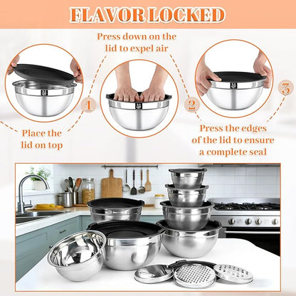 21PCS Mixing Bowls with Lids Set - 7 Nesting Mixing Bowls, 3 Graters, 11 Baking Tools, Lids, Stainless Steel Mixing Bowls for Mixing & Baking, Size 0.7/1.1/1.5/2.1/3.5/4/4.5 QT, Black - Image 6