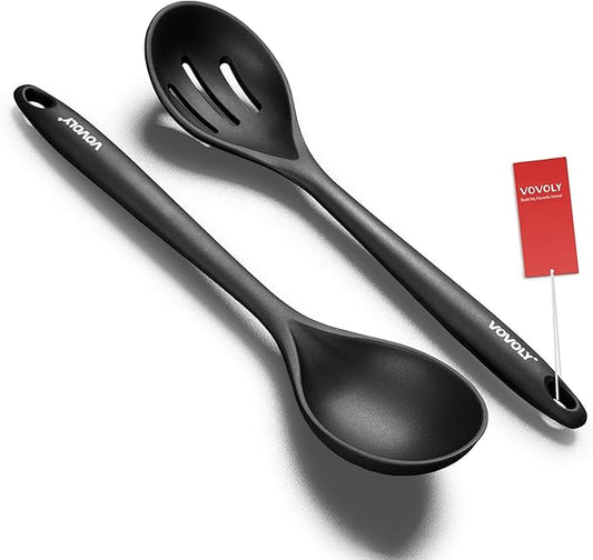 Silicone Spoons for Cooking - Kitchen Spoons for Mixing, Serving, & Stirring - 600°F Heat-Resistant Non Stick Utensils Ladle & Skimmer- Dishwasher Safe, Black,10.3IN