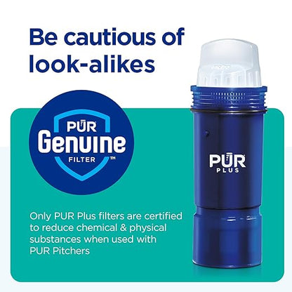 PUR Plus 7-Cup Water Filter Pitcher for Fridge, Cleaner, Great-tasting Water, Dishwasher Safe, Powerful Filtration, Change Light Indicator, LockFit Cap Design, White
