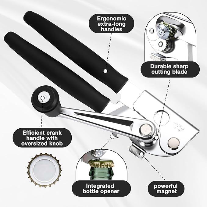 Commercial Can Opener with Magnet,Crank Can Opener Manual Heavy Duty with Comfortable Extra-long Handles, Ergonomic Design Large Handheld Can Open Easy for Big Cans,Bottle Opener - Image 2