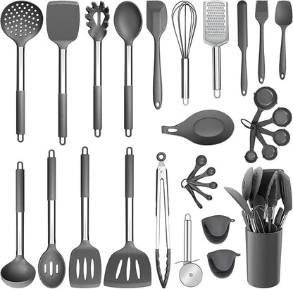 Silicone Kitchen Utensils Set, E-far 30-Piece Cooking Utensils Set with Holder, Heat Resistant Kitchen Spatulas Turner Tong Spoon Whisk Ladle for Nonstick Cookware, Stainless Steel Handle (Gray) by E-far