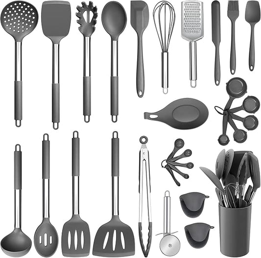 Silicone Kitchen Utensils Set, E-far 30-Piece Cooking Utensils Set with Holder, Heat Resistant Kitchen Spatulas Turner Tong Spoon Whisk Ladle for Nonstick Cookware, Stainless Steel Handle (Gray) by E-far